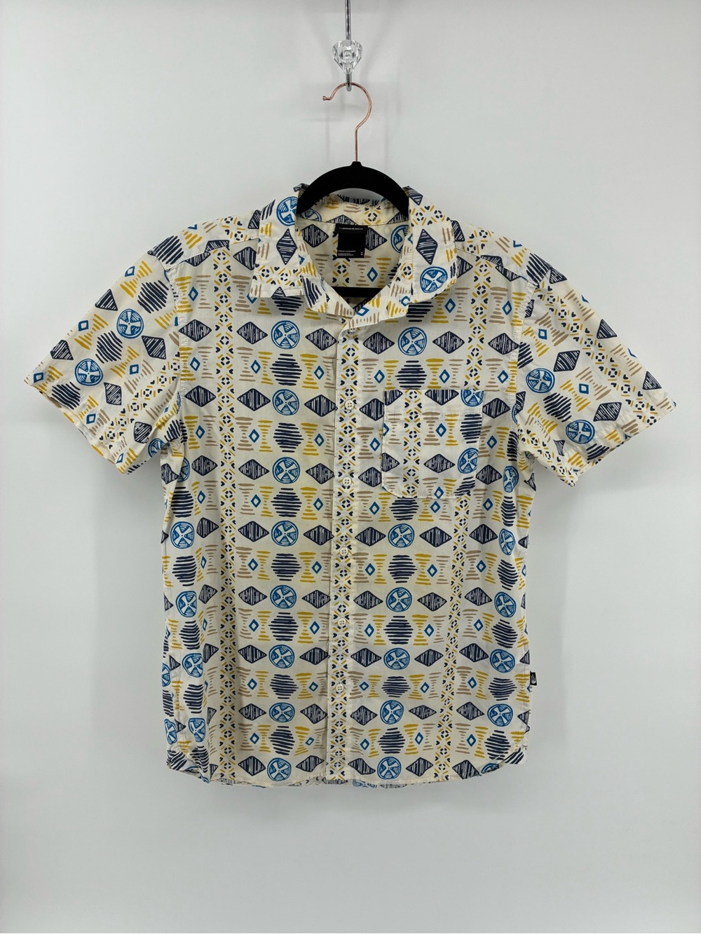 Men's Short-Sleeve Printed Button-Up Shirt - Cream with Blue & Yellow Pattern